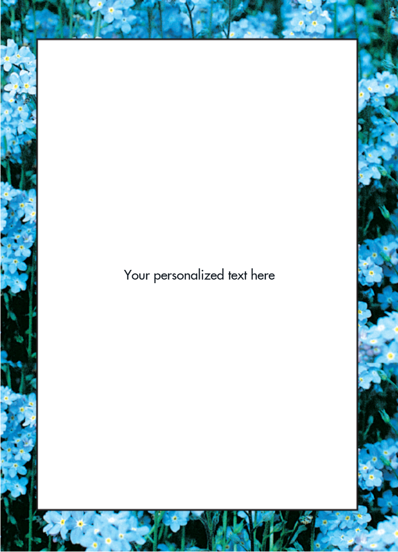 White card with blue flowers border on a white background