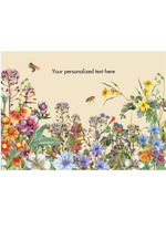 Decorative card with colorful flowers and bees on a beige background