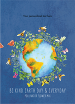 Design with a colorful Earth surrounded by flowers and bees on a blue background, suitable for Earth Day.