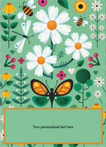 Seed packet with floral design, butterfly, and personalized text space on a green background.