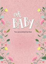 Pink background with floral designs and 'oh BABY' text