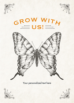 Butterfly illustration with 'Grow With Us!' text on a light background