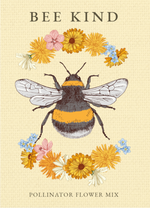 Illustration of a bee surrounded by flowers with 'Bee Kind' text on a beige background