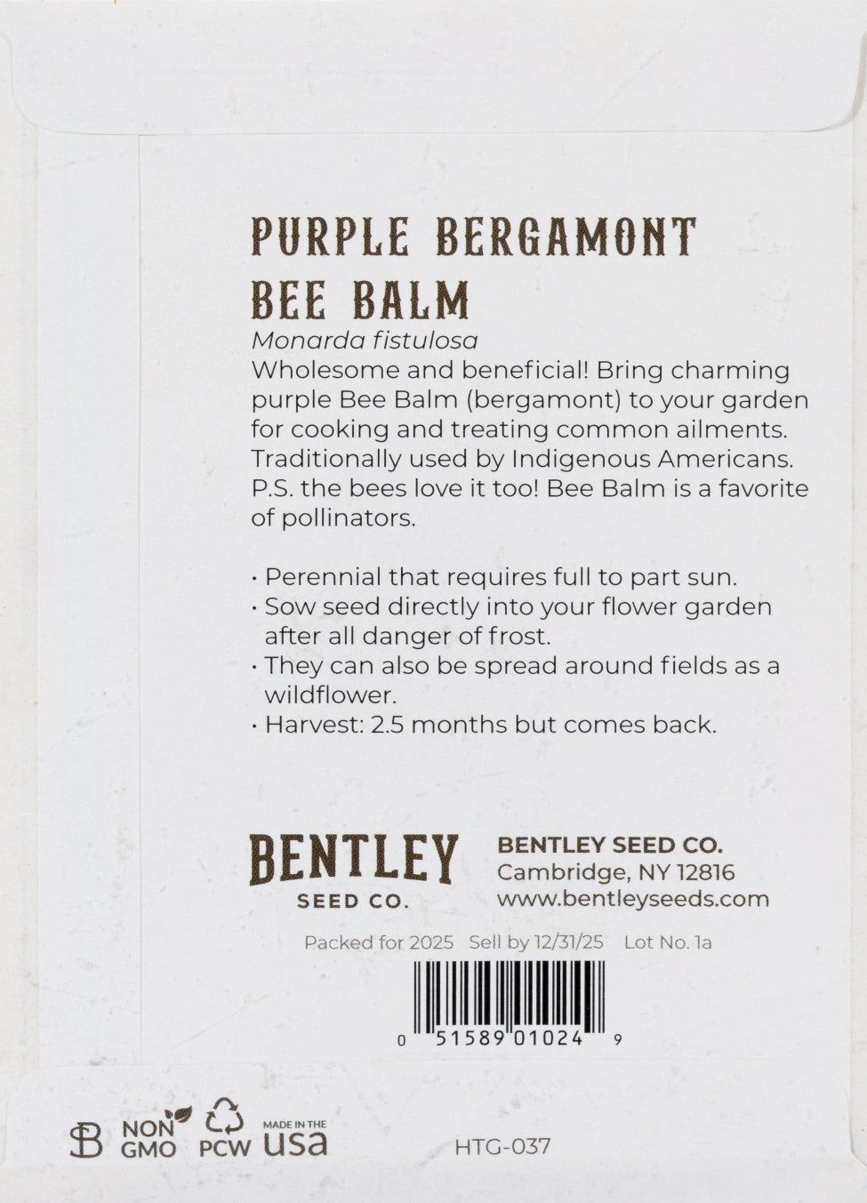 Back of heirloom Purple Bergamont Bee Balm seed packet with growing instructions.