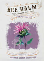 Front of heirloom Purple Bergamont Bee Balm seed packet.