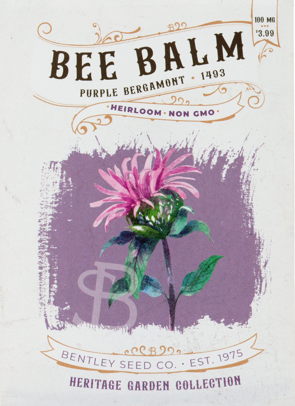 Front of heirloom Purple Bergamont Bee Balm seed packet.