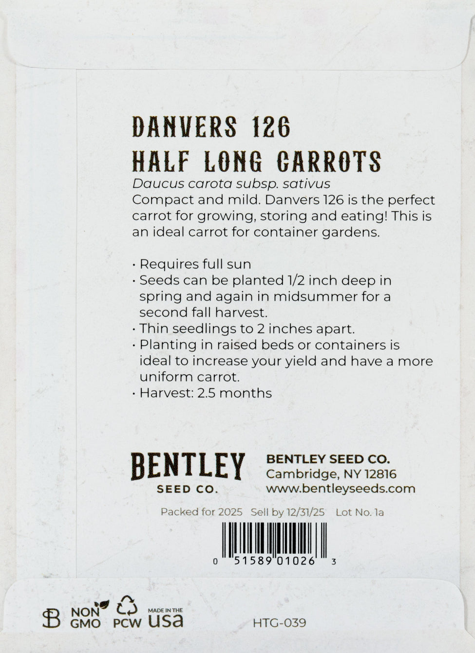 Back of heirloom Danvers Half Long Carrot seed packet with growing instructions.