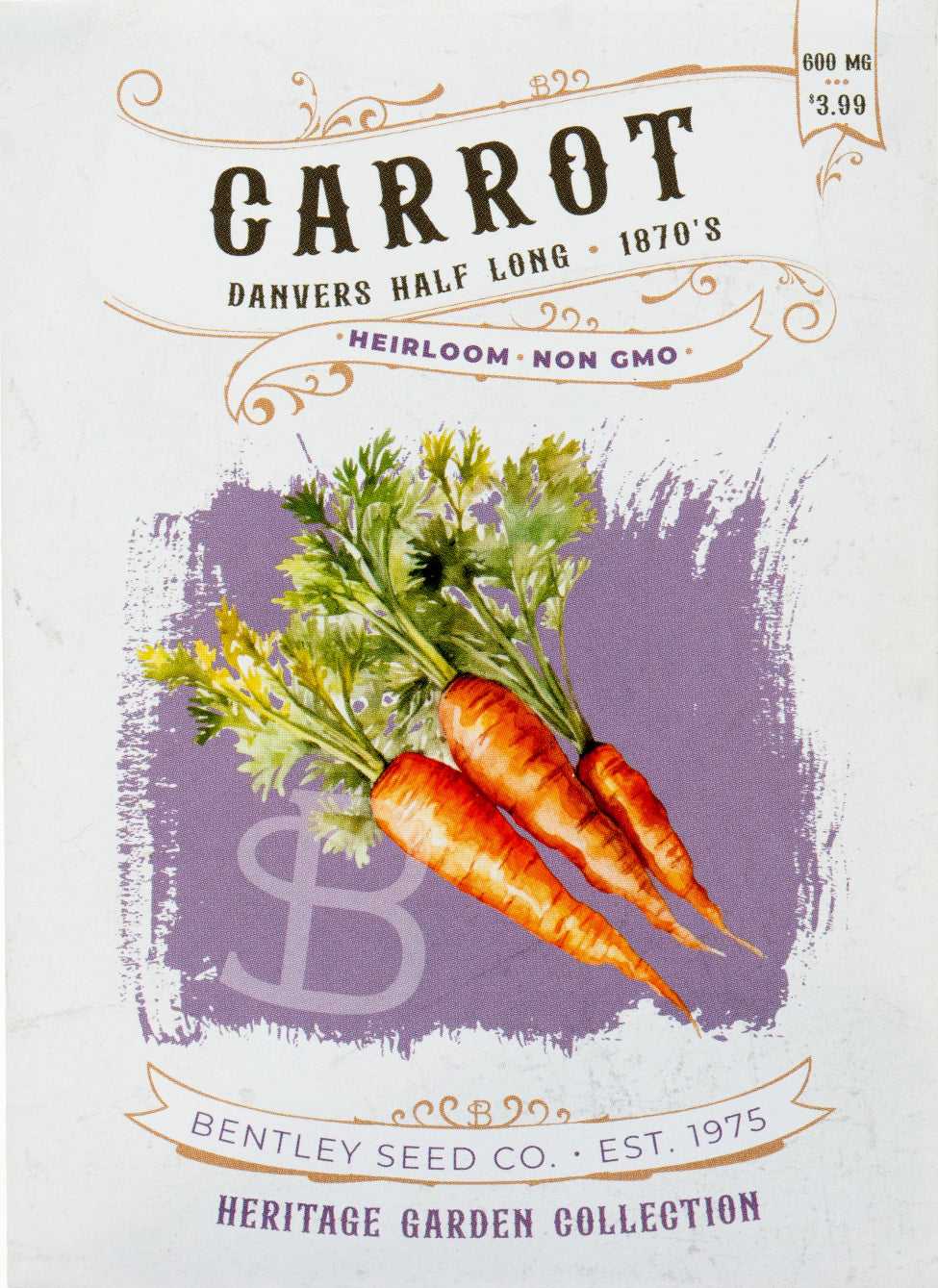 Front of heirloom Danvers Half Long Carrot seed packet.