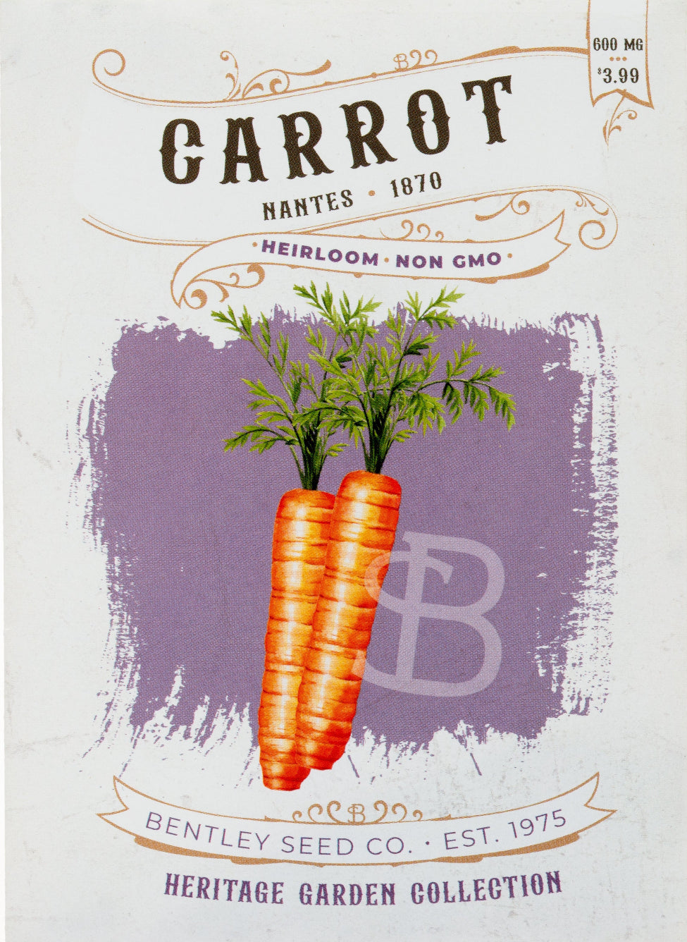 Front of heirloom Nantes Carrot seed packet.