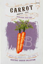 Front of heirloom Nantes Carrot seed packet.