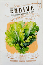 Front of heirloom Broadleaf Batavia Endive seed packet.