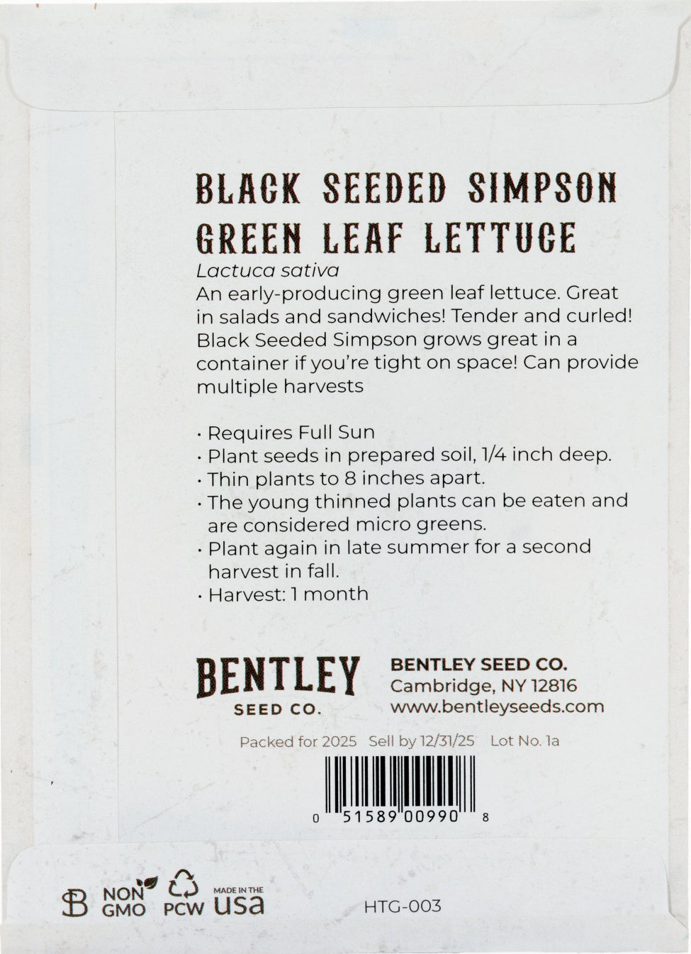 Back of heirloom Black Seed Simpsons Curled Lettuce seed packet with growing instructions.