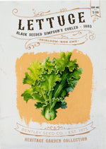 Front of heirloom Black Seed Simpsons Curled Lettuce seed packet.