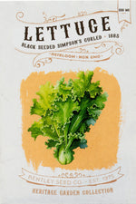 Front of heirloom Black Seed Simpsons Curled Lettuce seed packet.