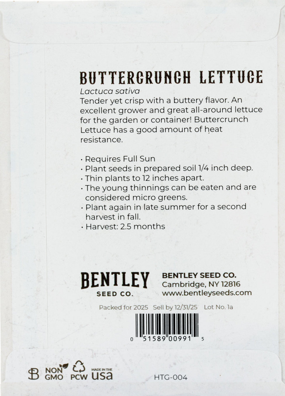 Back of heirloom Buttercrunch Lettuce seed packet with growing instructions.