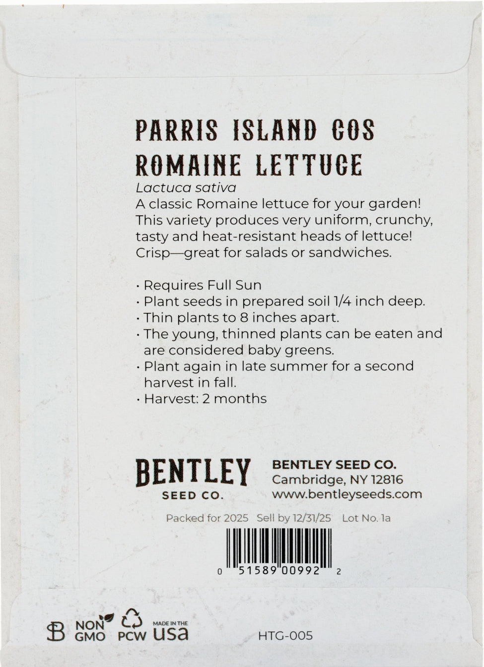Back of heirloom Parris Island Romaine Lettuce seed packet with growing instructions.