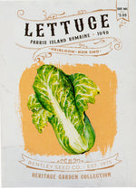 Front of heirloom Parris Island Romaine Lettuce seed packet.