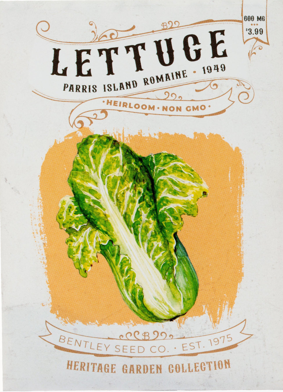 Front of heirloom Parris Island Romaine Lettuce seed packet.