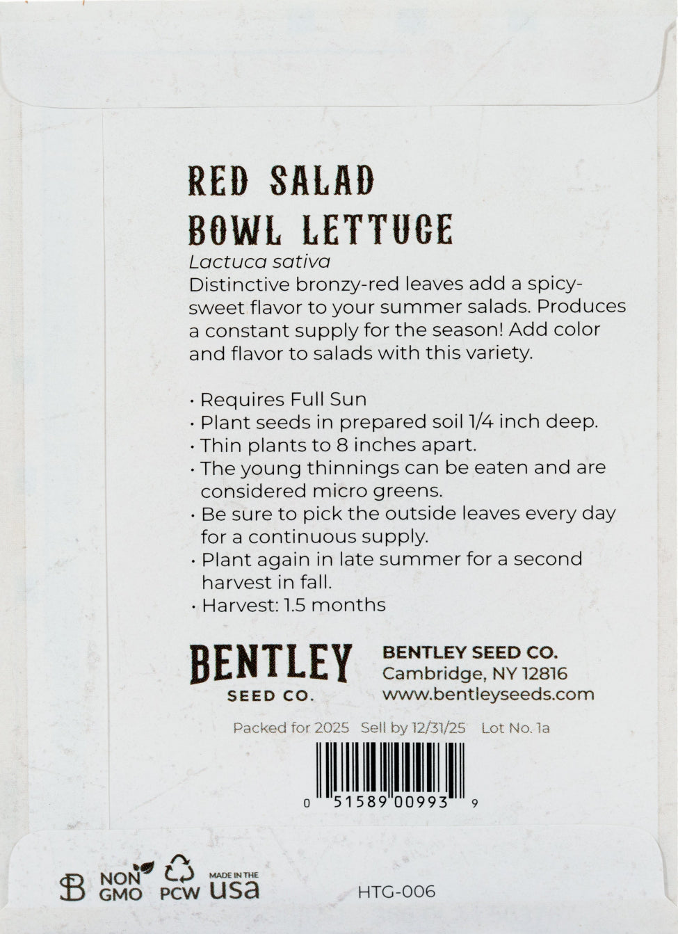 Back of heirloom Red Salad Bowl Lettuce seed packet with growing instructions.