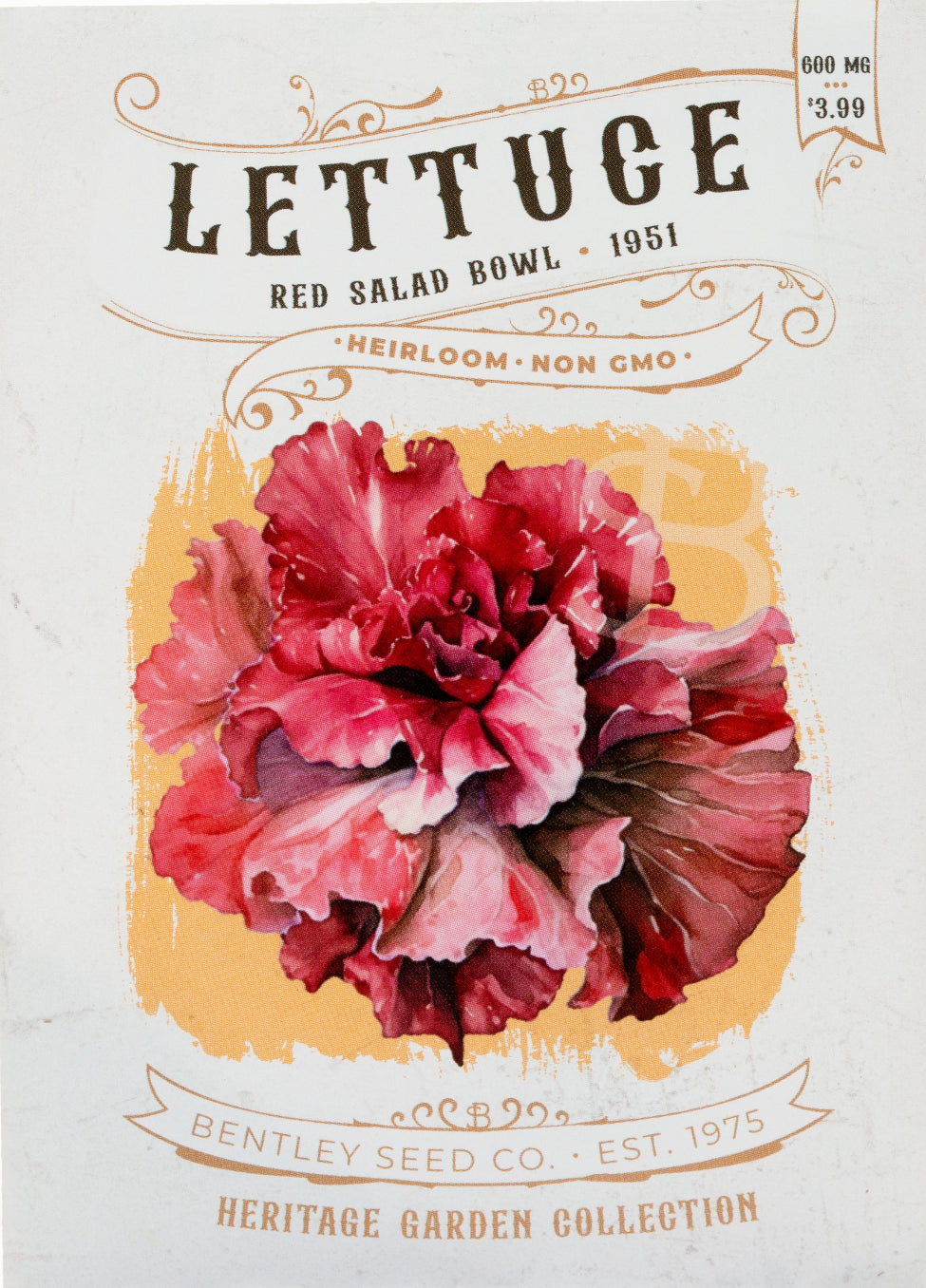 Front of heirloom Red Salad Bowl Lettuce seed packets.