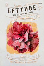 Front of heirloom Red Salad Bowl Lettuce seed packets.