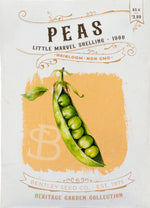 Front of heirloom Little Marvel Shelling Peas seed packets.