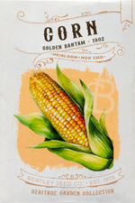 Front of heirloom Golden Bantam Corn seed packet.