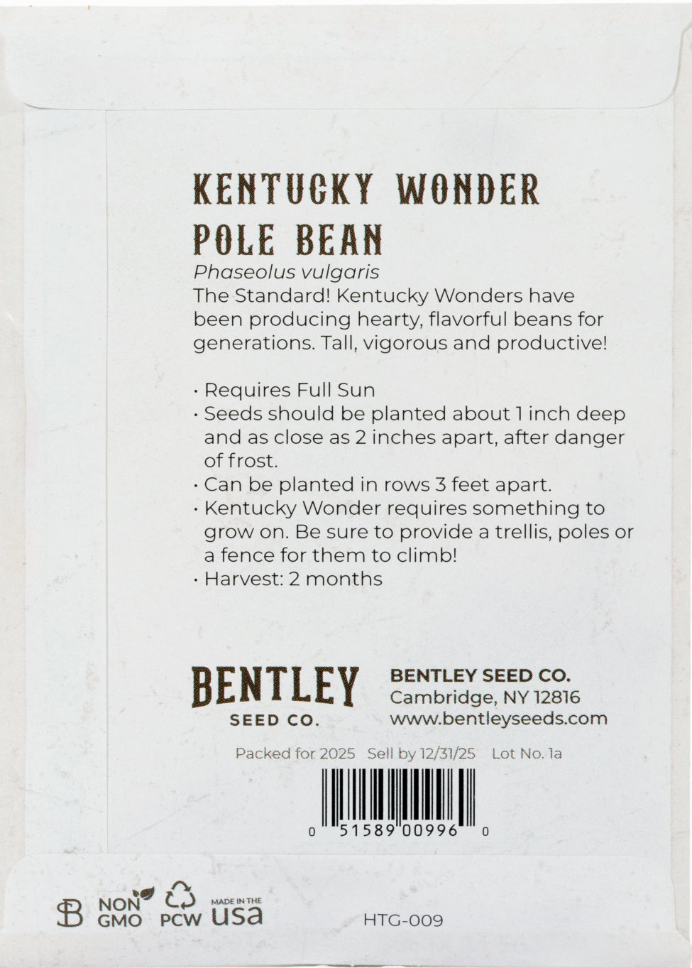 Back of heirloom Kentucky Wonder Pole Bean seed packet with growing instructions.
