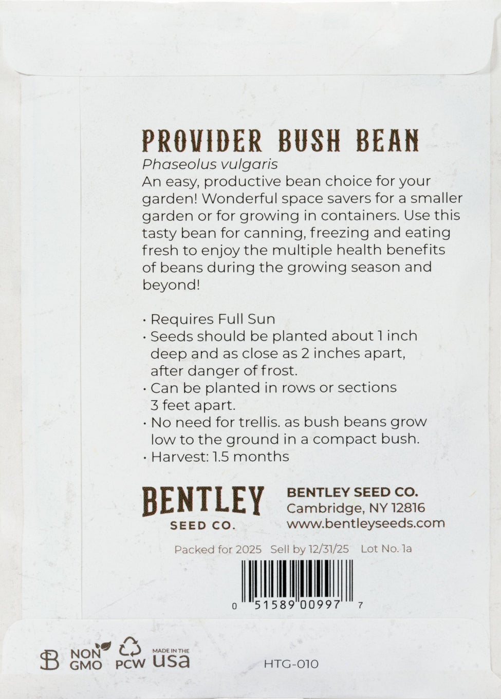 Back of heirloom Provider Bush Beans seed packet with growing instructions.