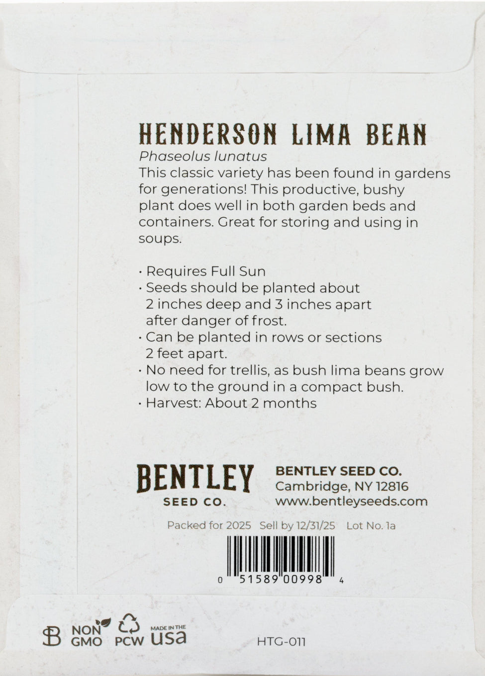 Back of heirloom Henderson's Lima Bean seed packet with growing instructions.