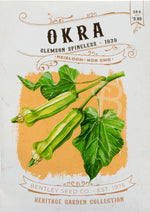 Front of heirloom Clemson Spineless Okra seed packet.