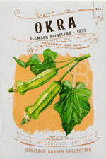 Front of heirloom Clemson Spineless Okra seed packet.