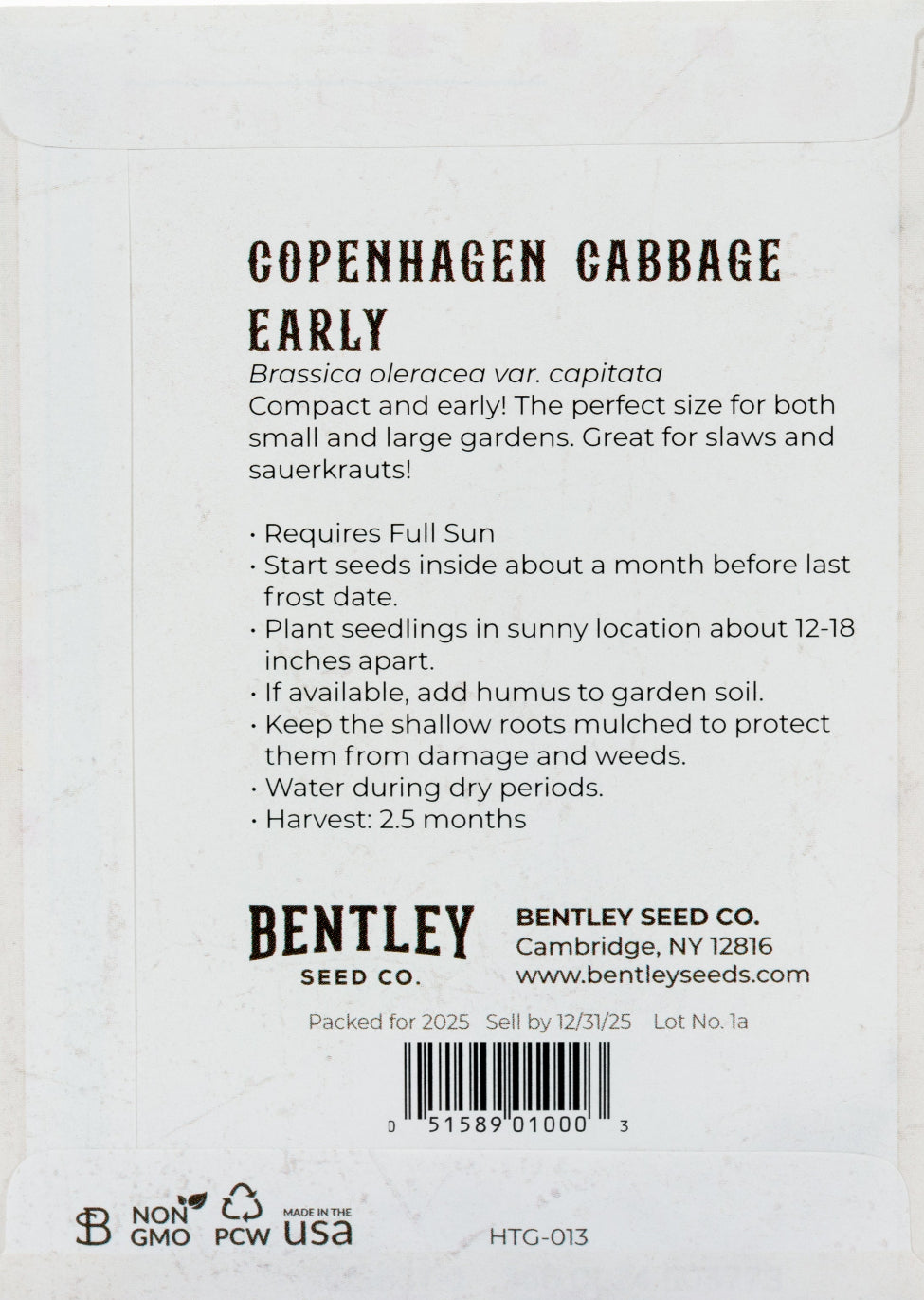 Back of heirloom Copenhagen Cabbage seed packet with growing instructions.