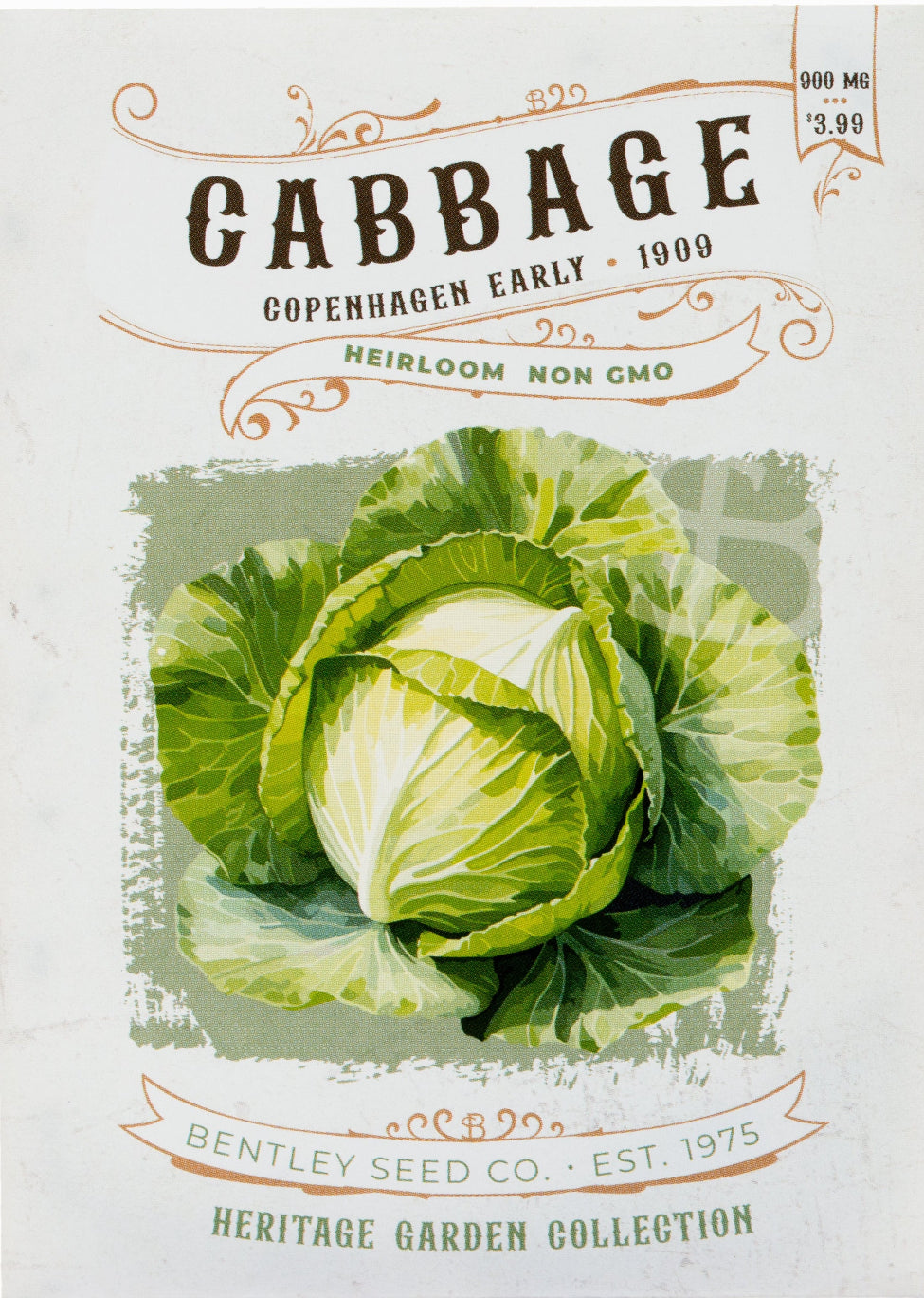 Front of heirloom Copenhagen Cabbage seed packet.