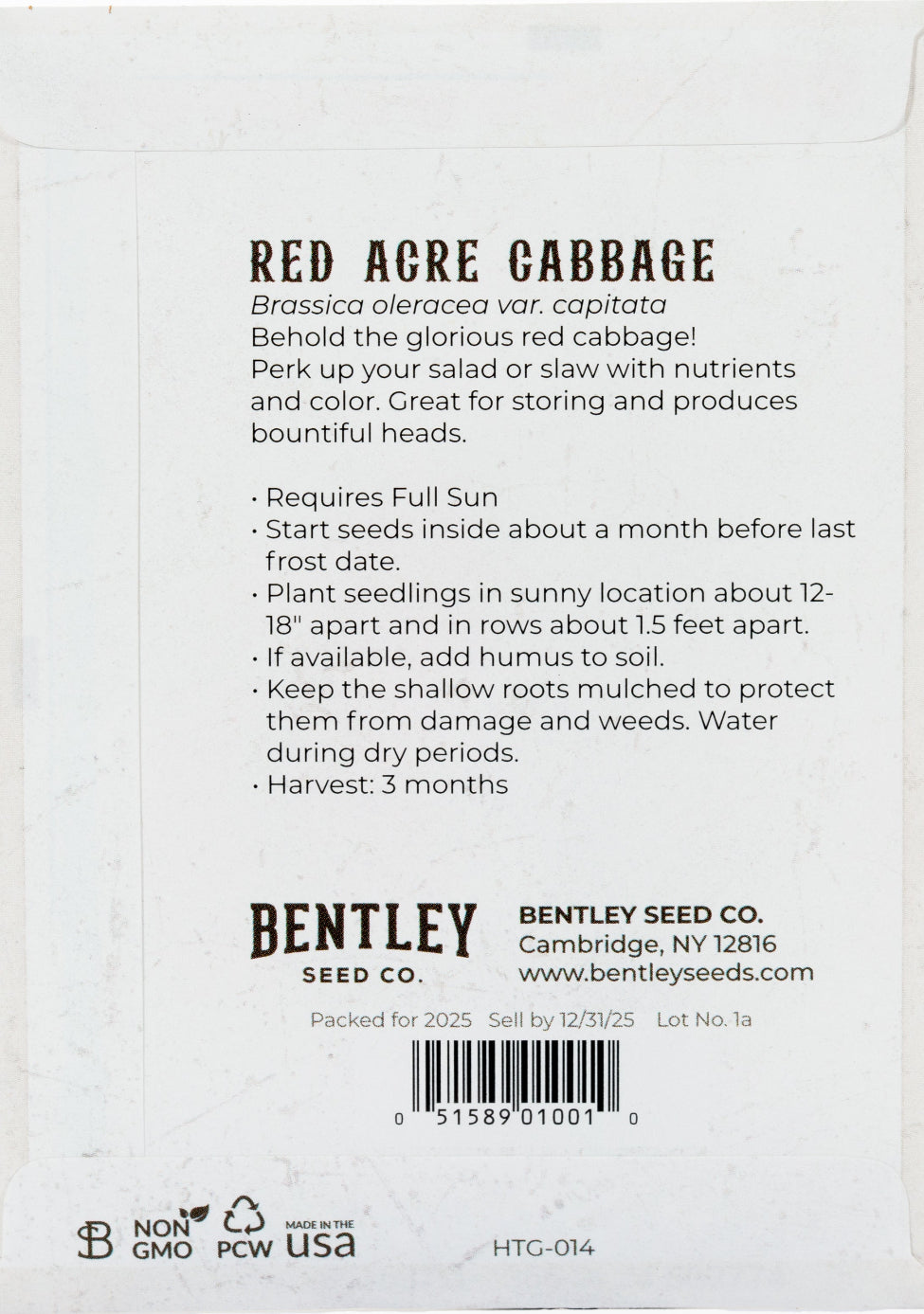 Back of heirloom Red Acre Cabbage seed packet with growing instructions.