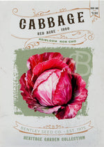 Front of heirloom Red Acre Cabbage seed packet.