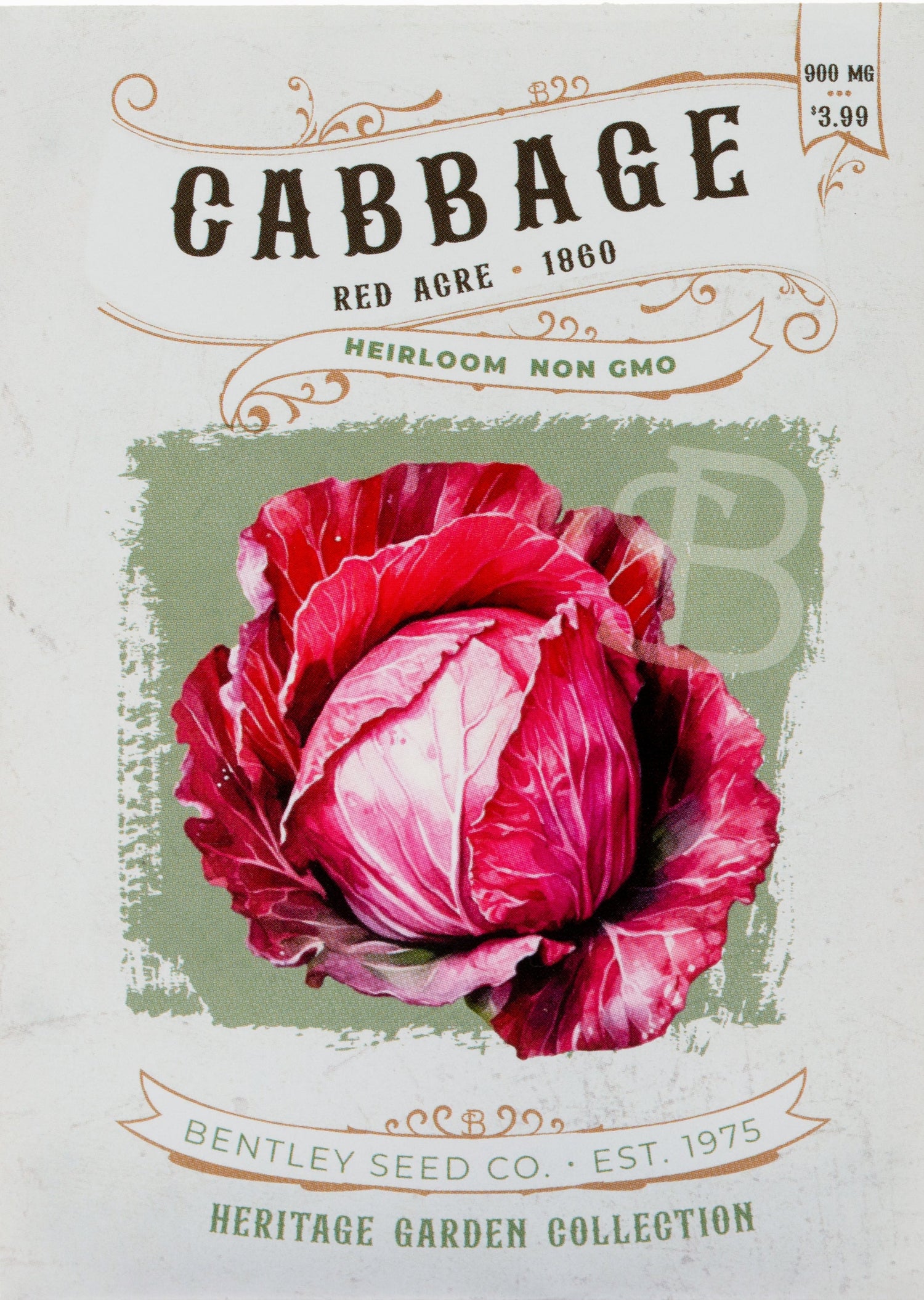 Front of heirloom Red Acre Cabbage seed packet.