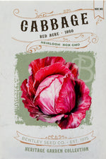 Front of heirloom Red Acre Cabbage seed packet.