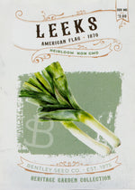 Front of heirloom American Flag Leek seed packet.