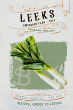 Front of heirloom American Flag Leek seed packet.