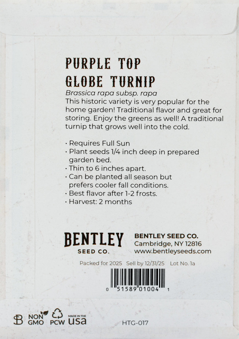 Back of Purple Top Turnip seed packet with growing instructions.