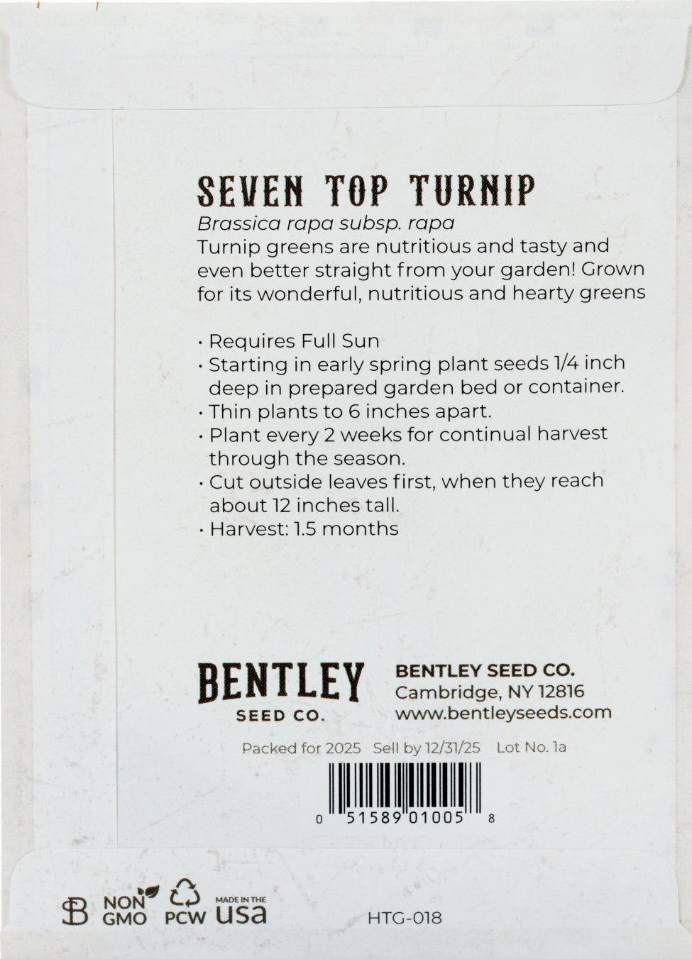 Back of heirloom Seven Top Turnip seed packet with growing instructions.