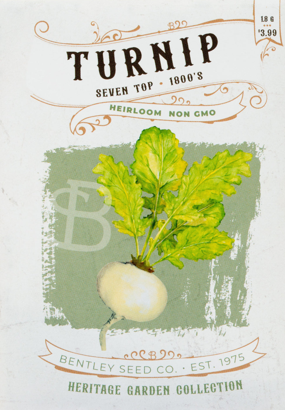 Front of heirloom Seven Top Turnip seed packet.