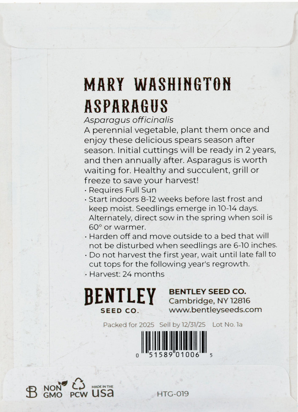 Back of heirloom Mary Washington Asparagus seed packet with growing instructions.