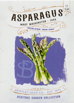 Front of heirloom Mary Washington Asparagus Seed Packet.