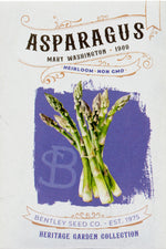 Front of heirloom Mary Washington Asparagus Seed Packet.