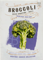 Front of heirloom Green Sprouting Broccoli seed packets.