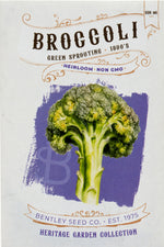 Front of heirloom Green Sprouting Broccoli seed packets.