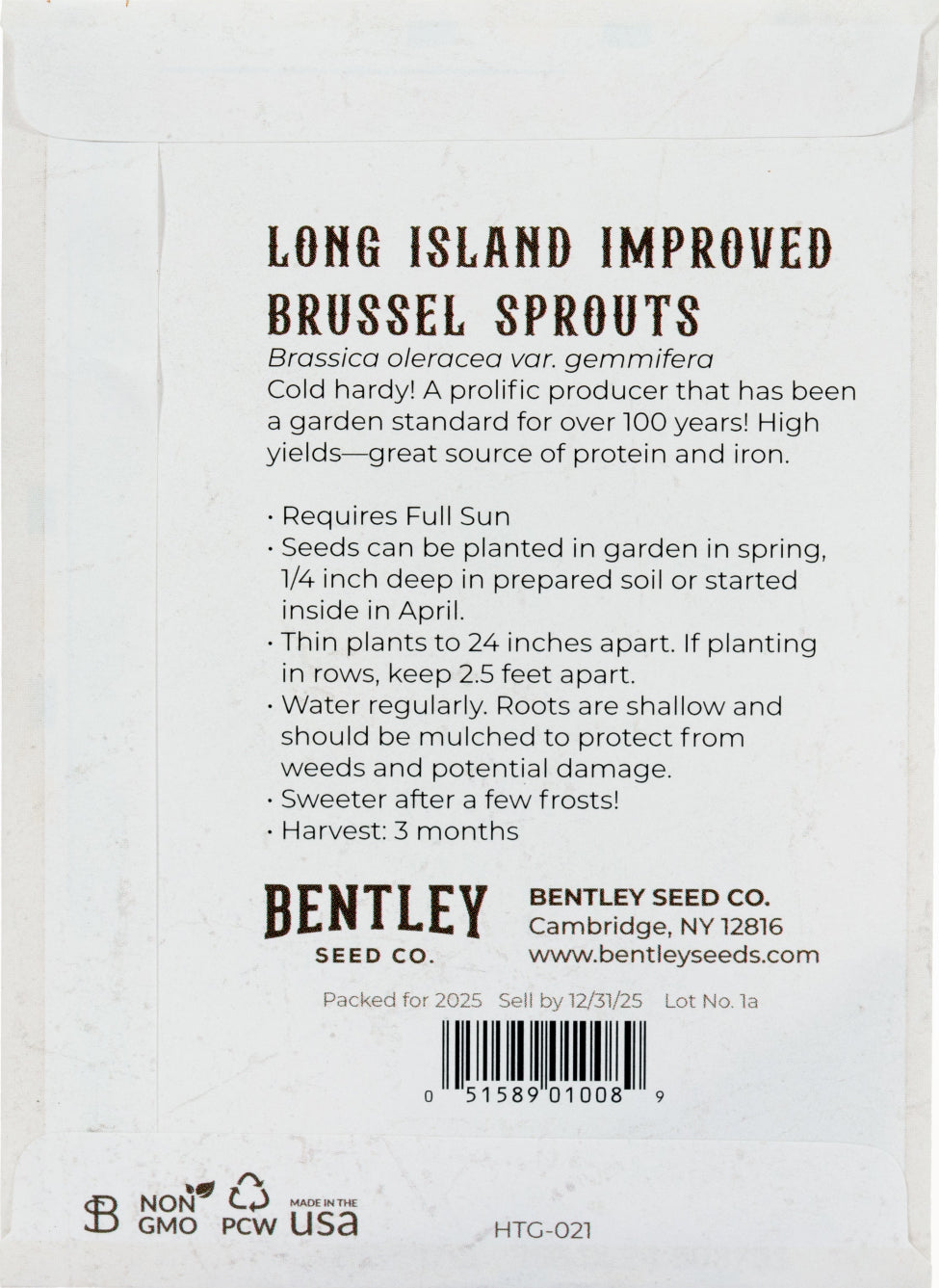 Back of heirloom Long Island Brussels Sprouts Seed Packet with growing instructions.