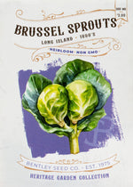 Front of heirloom Long Island Brussels Sprouts Seed Packet.
